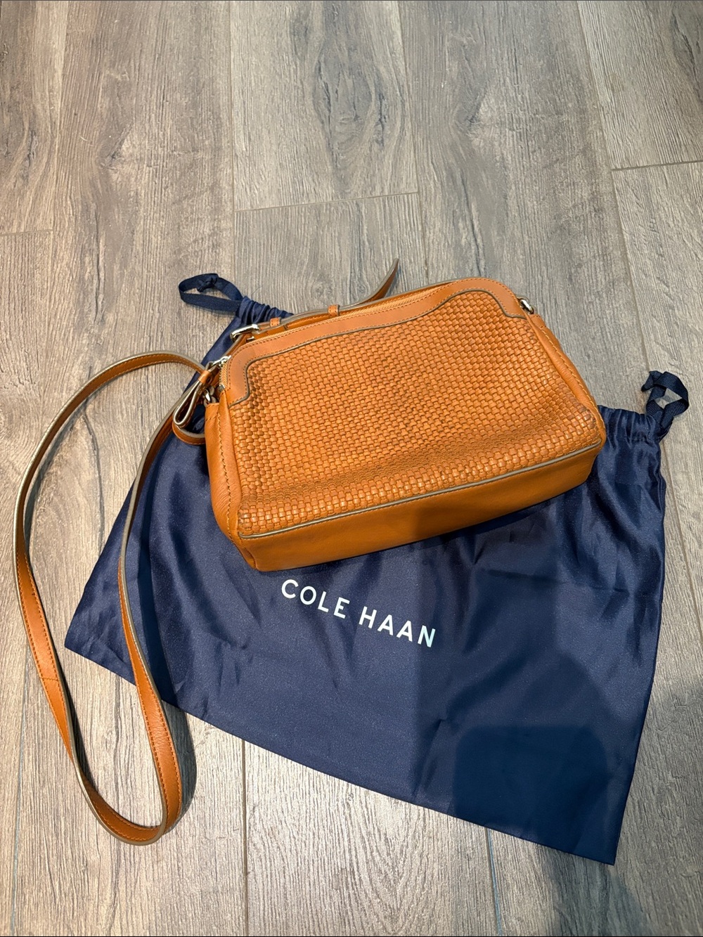 Cole Haan Woven Leather Crossbody in Cognac Brown